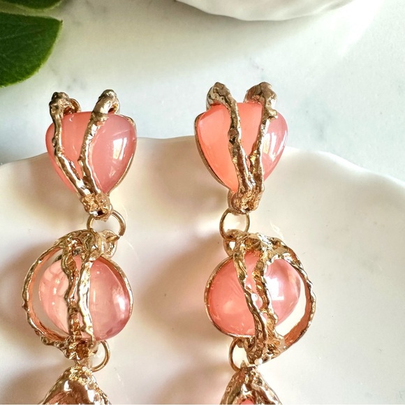 2/$30🌵 Peach Large Stone Drop Gold Cage Earrings Statement Long Jewelry NEW - Picture 4 of 9